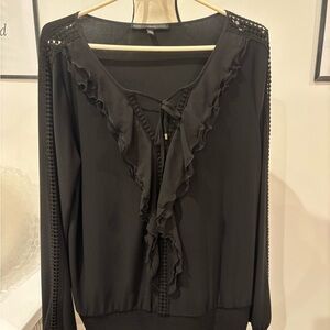 White House Black Market Black Ruffled Tie Front Blouse EUC